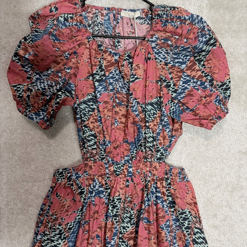 Ulla Johnson Coral and Blue Asymmetrical Floral Midi Dress - Picture 8 of 16